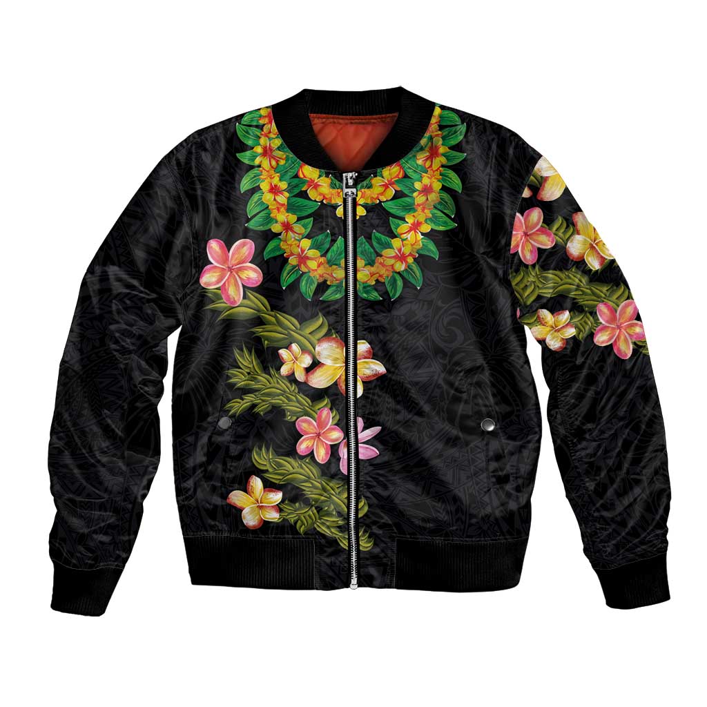 Hawaiian Lei Plumeria and Tropical Leaves Bomber Jacket Watercolor Style LT03 Unisex Black - Polynesian Pride