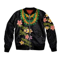 Hawaiian Lei Plumeria and Tropical Leaves Bomber Jacket Watercolor Style LT03 Unisex Black - Polynesian Pride