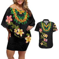 Hawaiian Lei Plumeria and Tropical Leaves Couples Matching Off Shoulder Short Dress and Hawaiian Shirt Watercolor Style