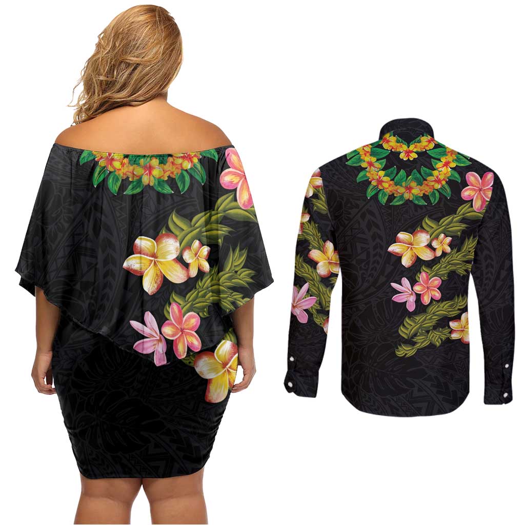 Hawaiian Lei Plumeria and Tropical Leaves Couples Matching Off Shoulder Short Dress and Long Sleeve Button Shirt Watercolor Style