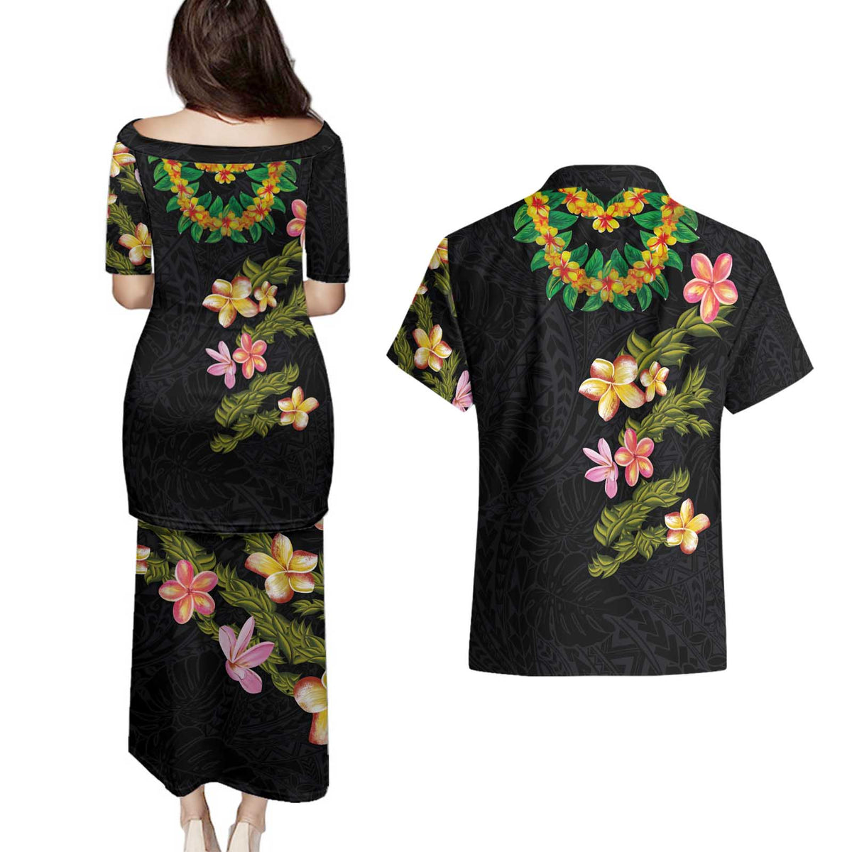 Hawaiian Lei Plumeria and Tropical Leaves Couples Matching Puletasi and Hawaiian Shirt Watercolor Style