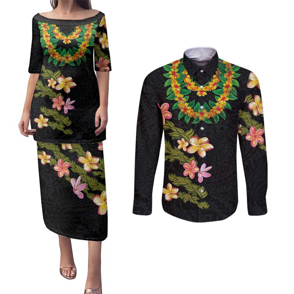Hawaiian Lei Plumeria and Tropical Leaves Couples Matching Puletasi and Long Sleeve Button Shirt Watercolor Style