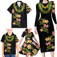 Hawaiian Lei Plumeria and Tropical Leaves Family Matching Long Sleeve Bodycon Dress and Hawaiian Shirt Watercolor Style