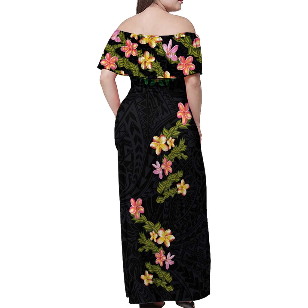Hawaiian Lei Plumeria and Tropical Leaves Family Matching Off Shoulder Maxi Dress and Hawaiian Shirt Watercolor Style