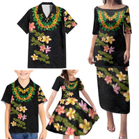 Hawaiian Lei Plumeria and Tropical Leaves Family Matching Puletasi and Hawaiian Shirt Watercolor Style