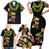 Hawaiian Lei Plumeria and Tropical Leaves Family Matching Short Sleeve Bodycon Dress and Hawaiian Shirt Watercolor Style