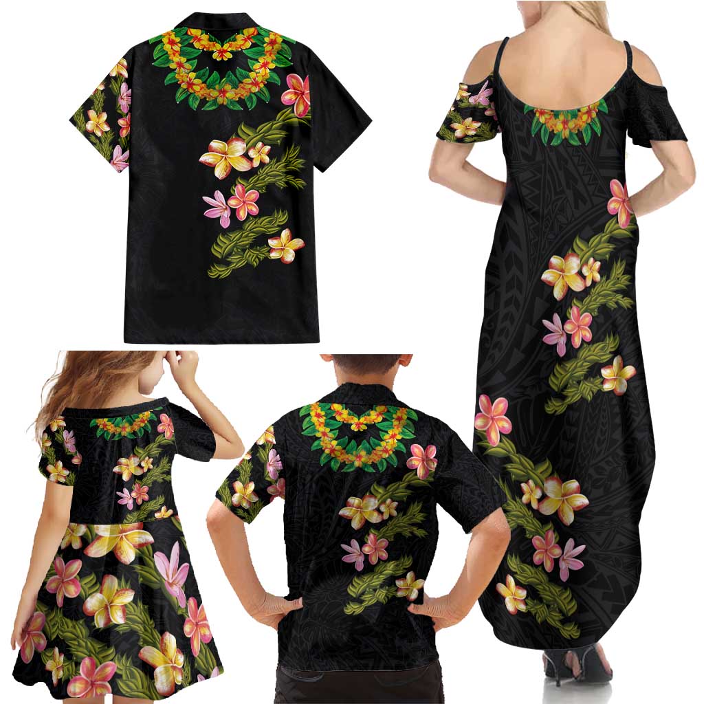 Hawaiian Lei Plumeria and Tropical Leaves Family Matching Summer Maxi Dress and Hawaiian Shirt Watercolor Style