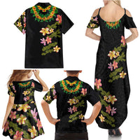 Hawaiian Lei Plumeria and Tropical Leaves Family Matching Summer Maxi Dress and Hawaiian Shirt Watercolor Style