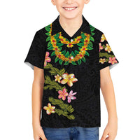 Hawaiian Lei Plumeria and Tropical Leaves Kid Hawaiian Shirt Watercolor Style LT03 Kid Black - Polynesian Pride