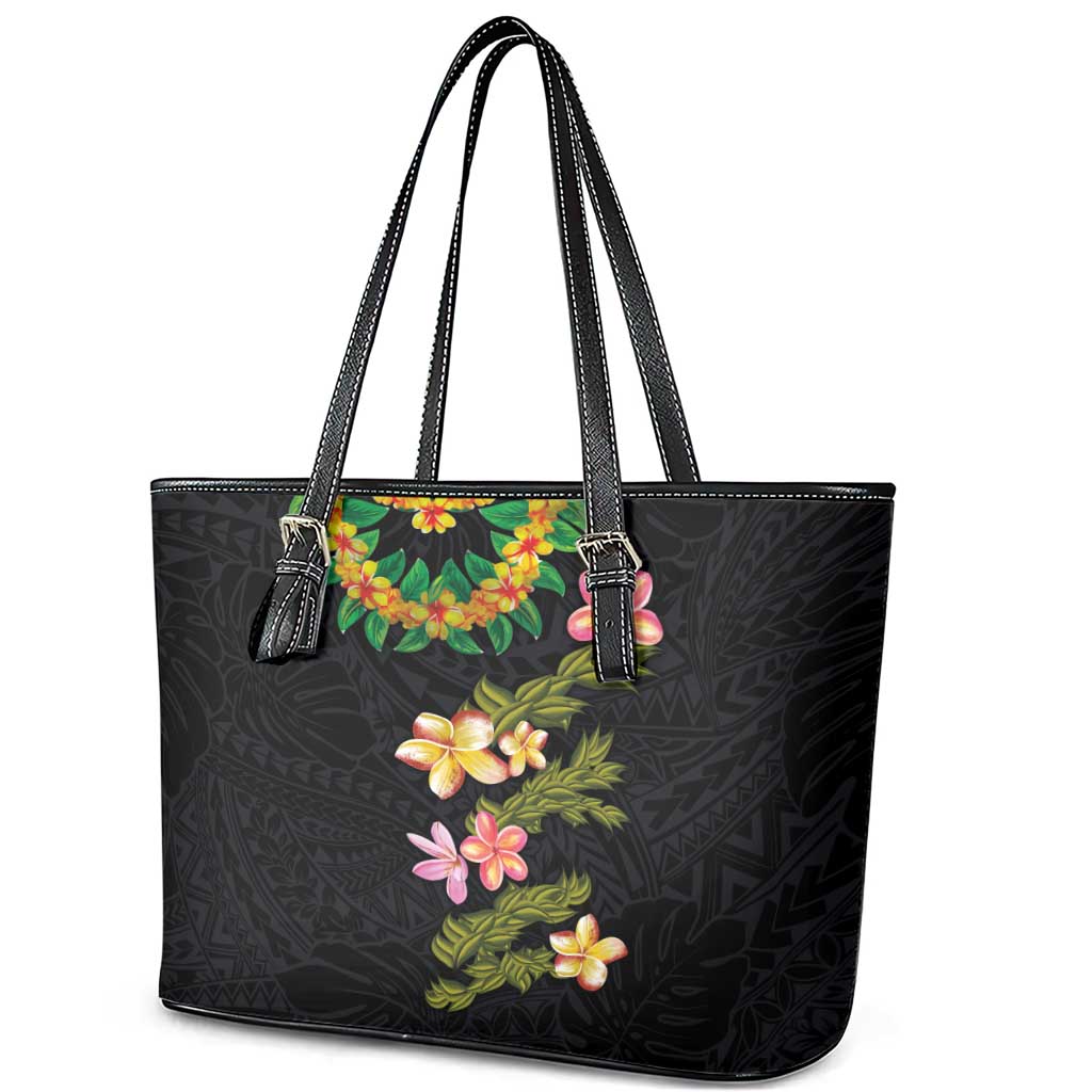 Hawaiian Lei Plumeria and Tropical Leaves Leather Tote Bag Watercolor Style