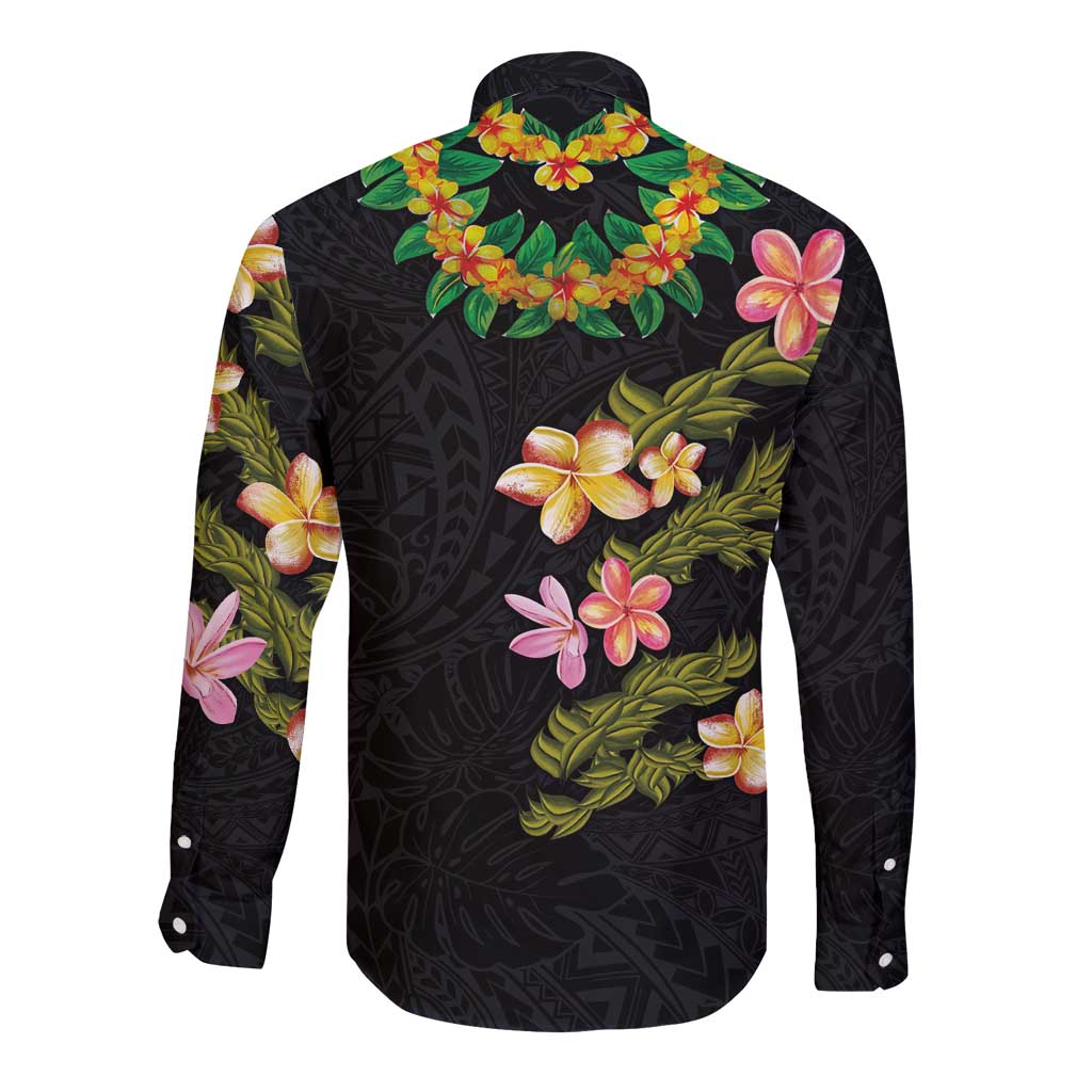 Hawaiian Lei Plumeria and Tropical Leaves Long Sleeve Button Shirt Watercolor Style