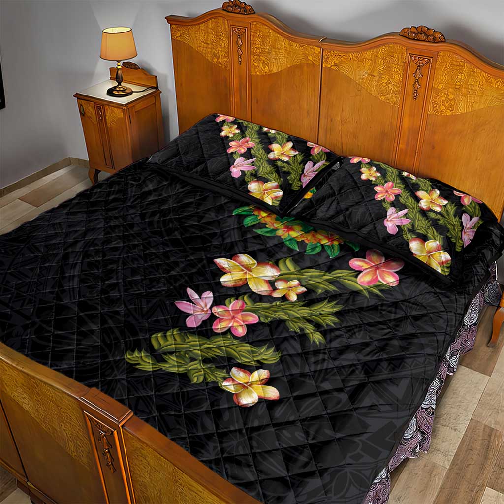 Hawaiian Lei Plumeria and Tropical Leaves Quilt Bed Set Watercolor Style