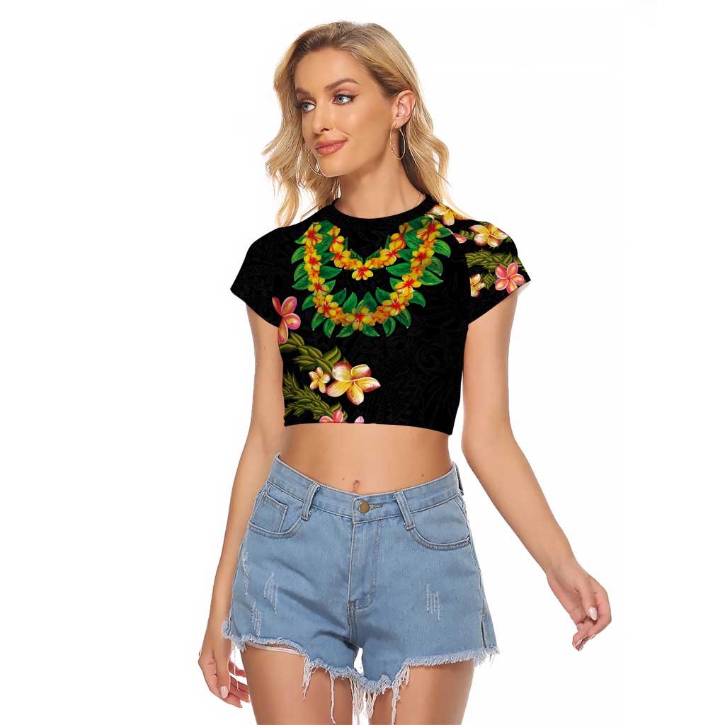 Hawaiian Lei Plumeria and Tropical Leaves Raglan Cropped T Shirt Watercolor Style