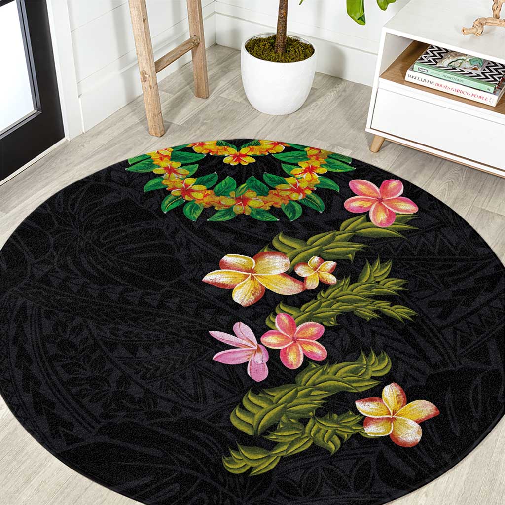 Hawaiian Lei Plumeria and Tropical Leaves Round Carpet Watercolor Style LT03 Black - Polynesian Pride