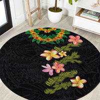 Hawaiian Lei Plumeria and Tropical Leaves Round Carpet Watercolor Style LT03 Black - Polynesian Pride
