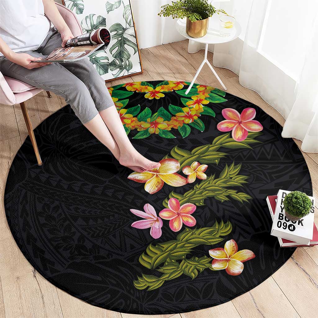 Hawaiian Lei Plumeria and Tropical Leaves Round Carpet Watercolor Style LT03 - Polynesian Pride