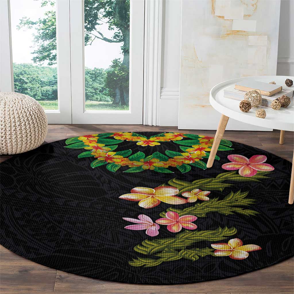 Hawaiian Lei Plumeria and Tropical Leaves Round Carpet Watercolor Style LT03 - Polynesian Pride