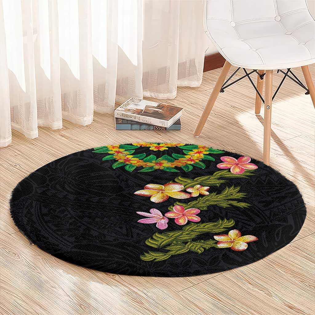 Hawaiian Lei Plumeria and Tropical Leaves Round Carpet Watercolor Style LT03 - Polynesian Pride