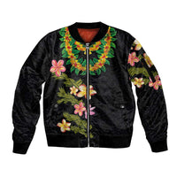 Hawaiian Lei Plumeria and Tropical Leaves Sleeve Zip Bomber Jacket Watercolor Style LT03 Unisex Black - Polynesian Pride