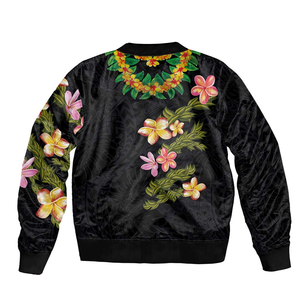 Hawaiian Lei Plumeria and Tropical Leaves Sleeve Zip Bomber Jacket Watercolor Style LT03 - Polynesian Pride
