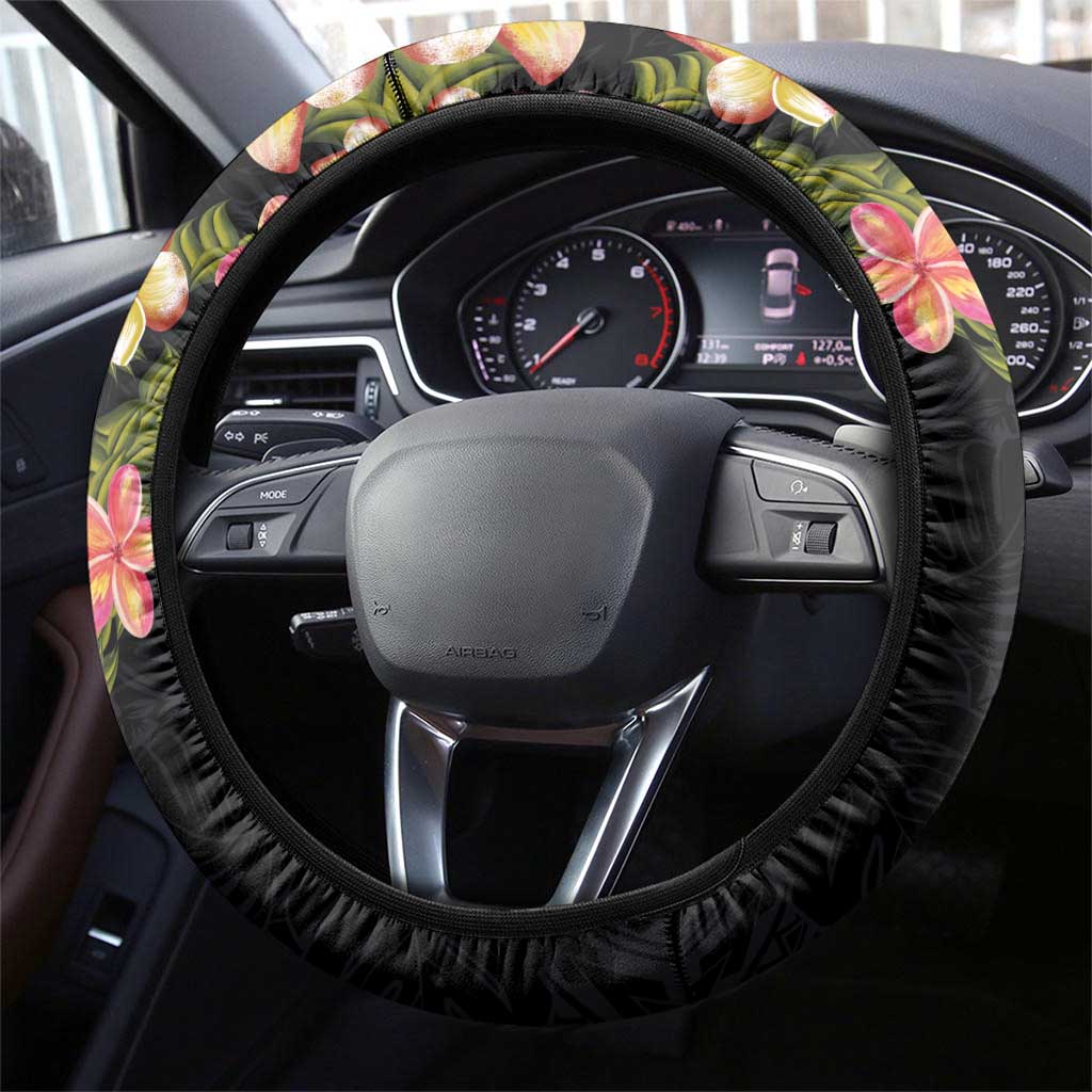 Hawaiian Lei Plumeria and Tropical Leaves Steering Wheel Cover Watercolor Style