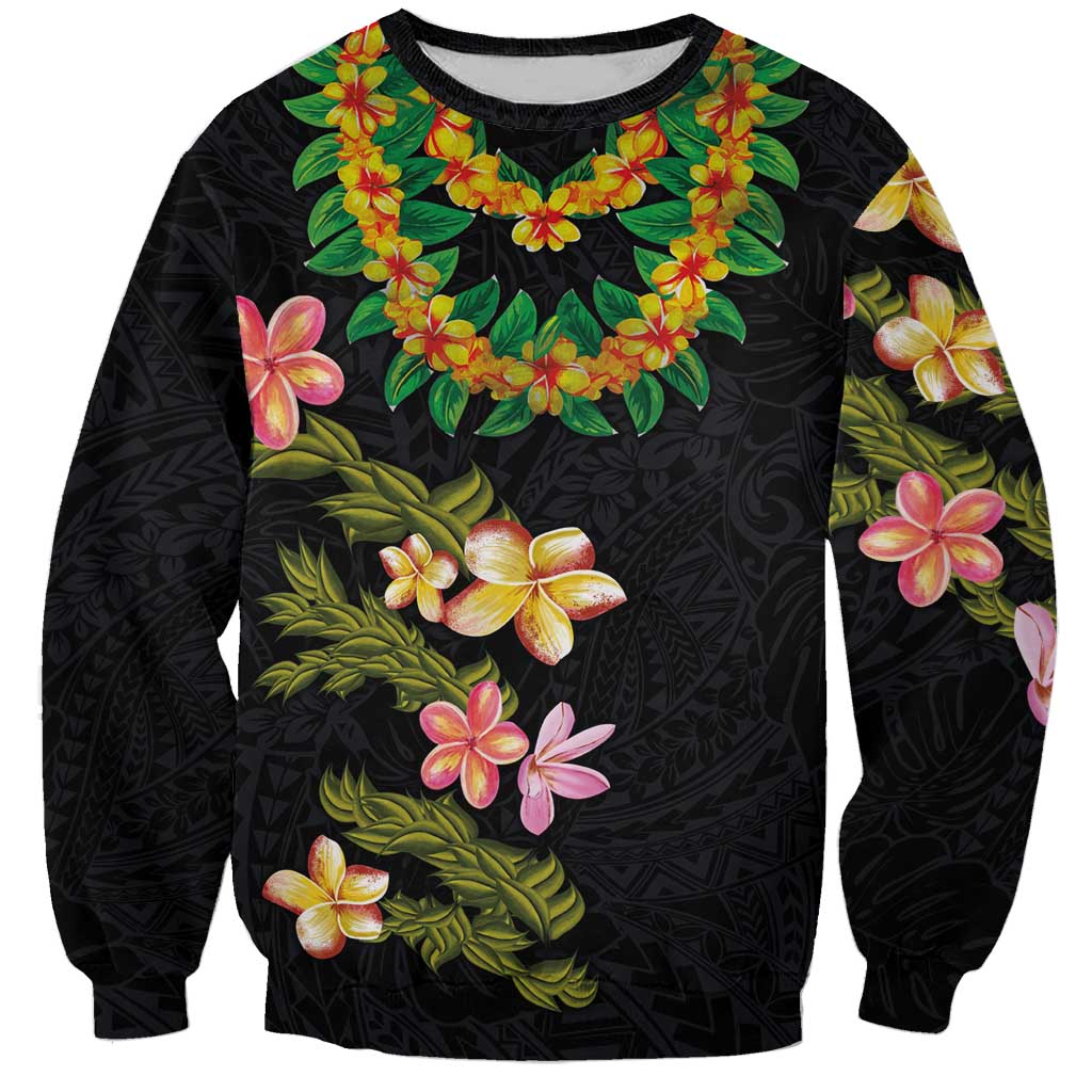 Hawaiian Lei Plumeria and Tropical Leaves Sweatshirt Watercolor Style