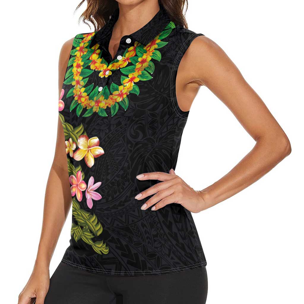 Hawaiian Lei Plumeria and Tropical Leaves Women Sleeveless Polo Shirt Watercolor Style