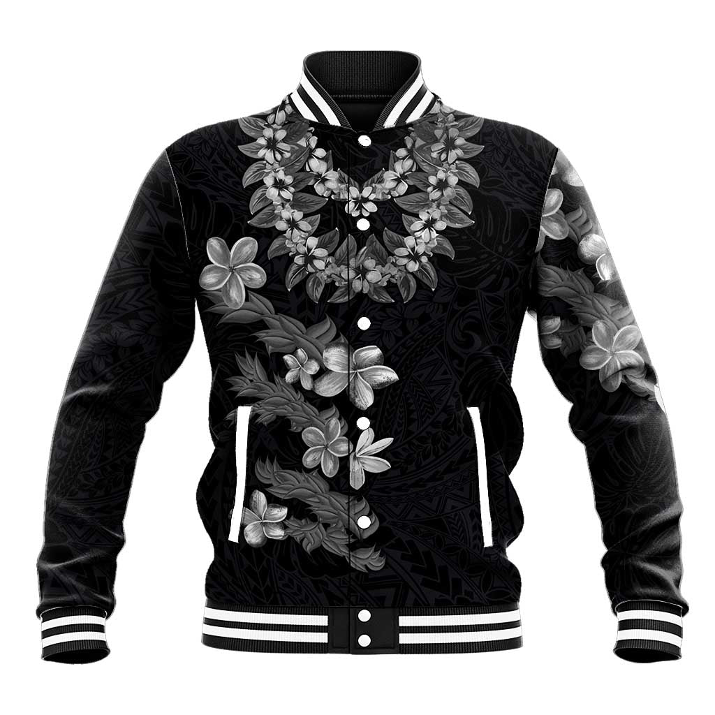 Hawaiian Lei Plumeria and Tropical Leaves Baseball Jacket Watercolor Style-Grayscale