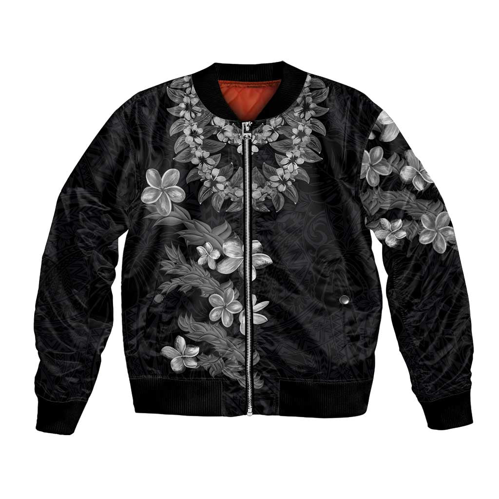 Hawaiian Lei Plumeria and Tropical Leaves Bomber Jacket Watercolor Style-Grayscale