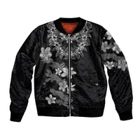 Hawaiian Lei Plumeria and Tropical Leaves Bomber Jacket Watercolor Style-Grayscale LT03 Unisex Black - Polynesian Pride