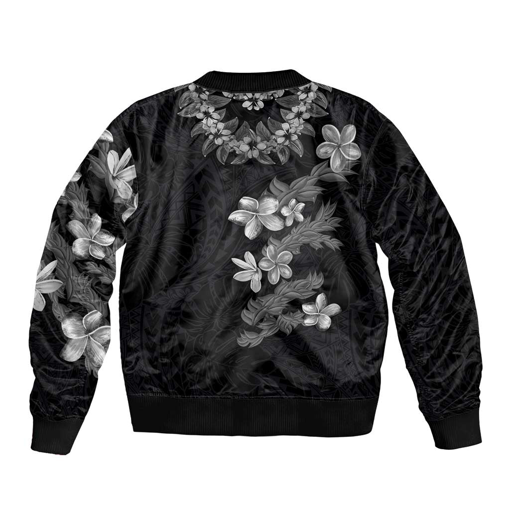 Hawaiian Lei Plumeria and Tropical Leaves Bomber Jacket Watercolor Style-Grayscale LT03 - Polynesian Pride