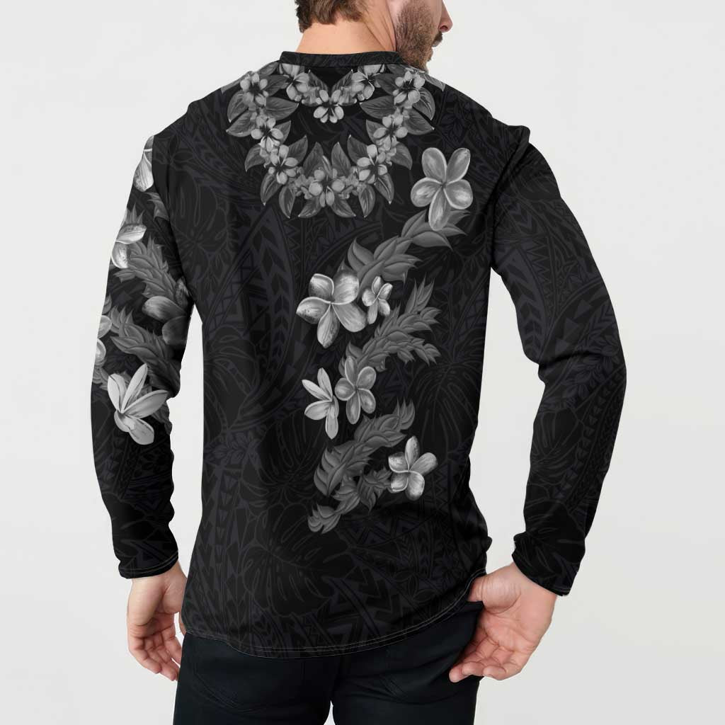 Hawaiian Lei Plumeria and Tropical Leaves Button Sweatshirt Watercolor Style-Grayscale