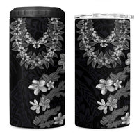 Hawaiian Lei Plumeria and Tropical Leaves 4 in 1 Can Cooler Tumbler Watercolor Style-Grayscale