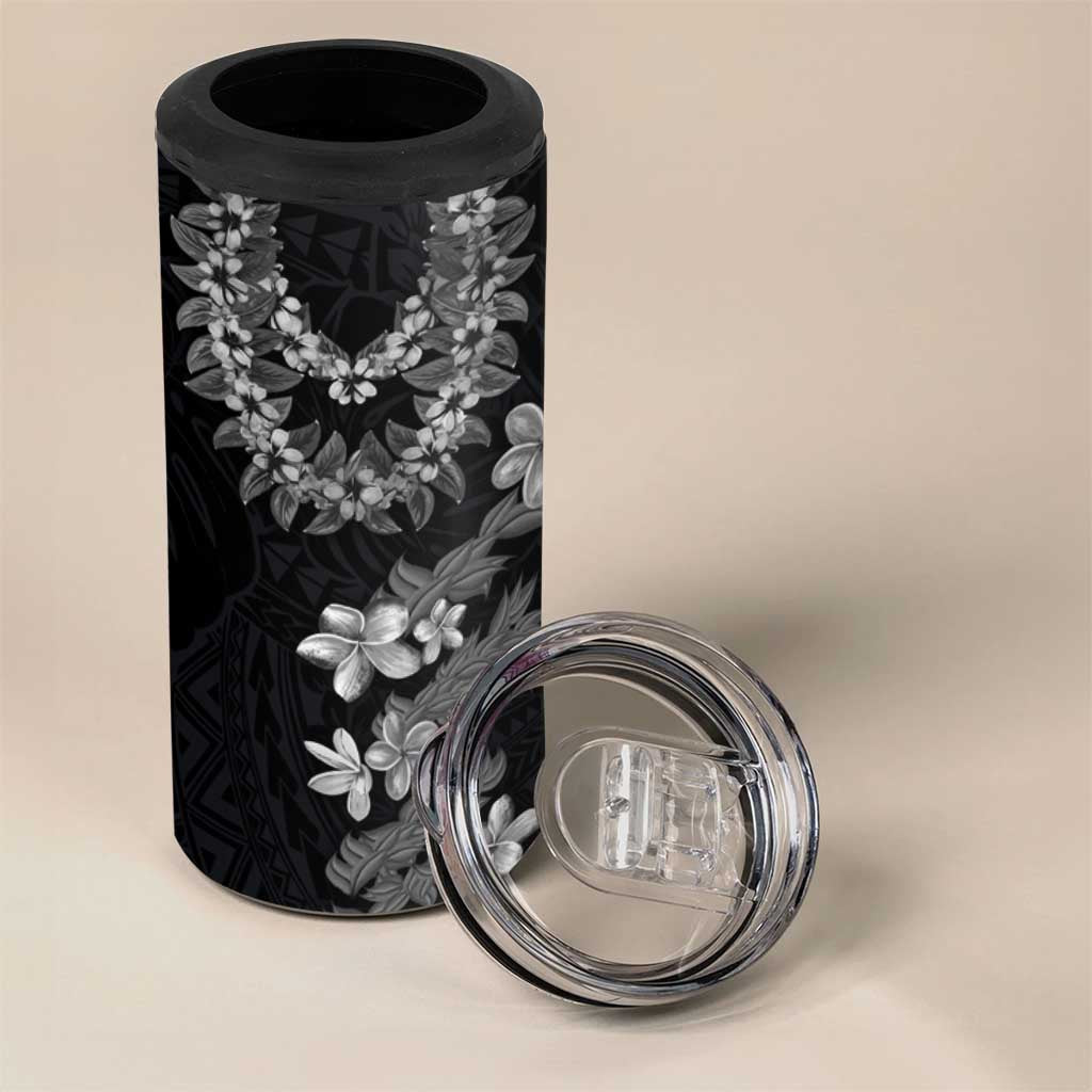 Hawaiian Lei Plumeria and Tropical Leaves 4 in 1 Can Cooler Tumbler Watercolor Style-Grayscale