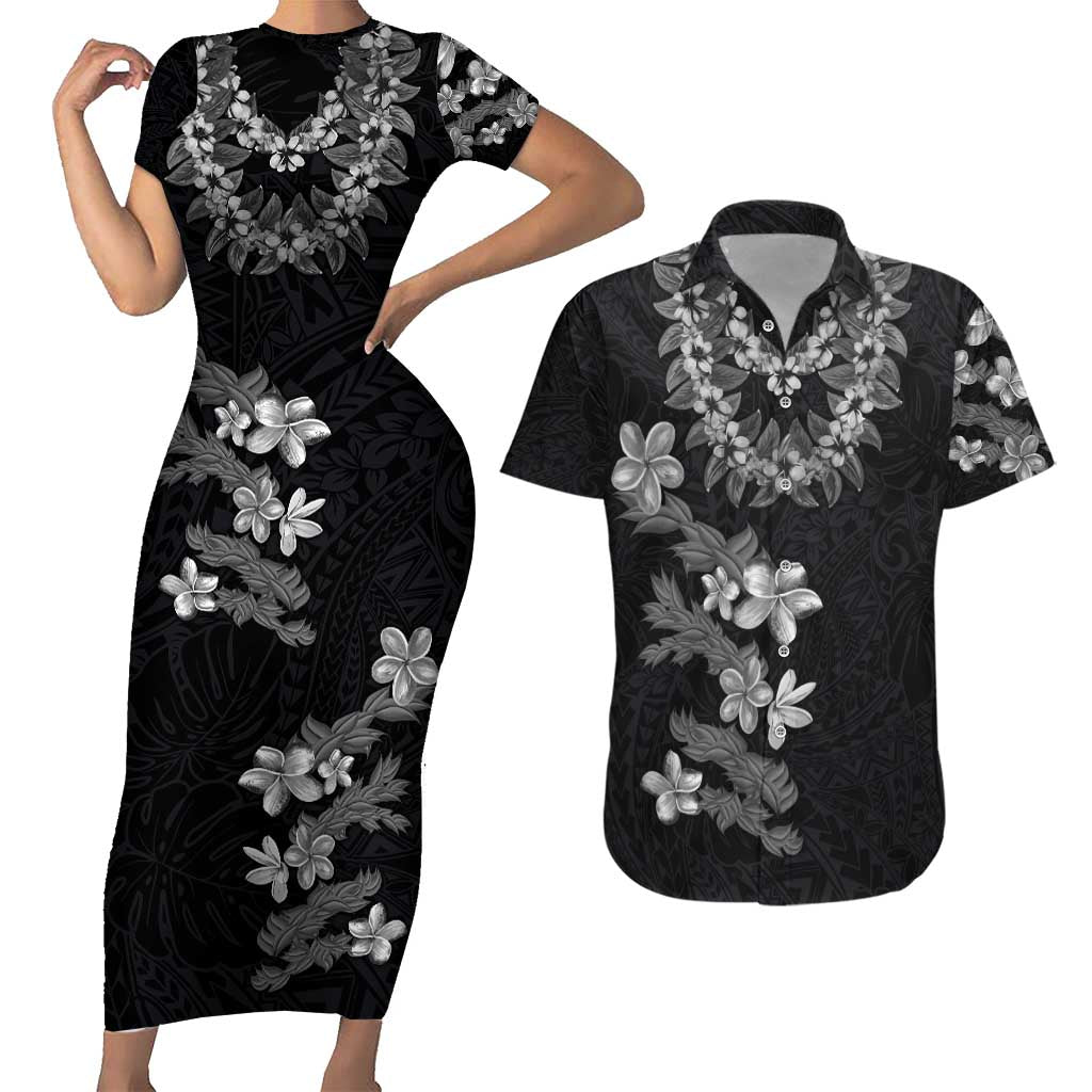 Hawaiian Lei Plumeria and Tropical Leaves Couples Matching Short Sleeve Bodycon Dress and Hawaiian Shirt Watercolor Style-Grayscale