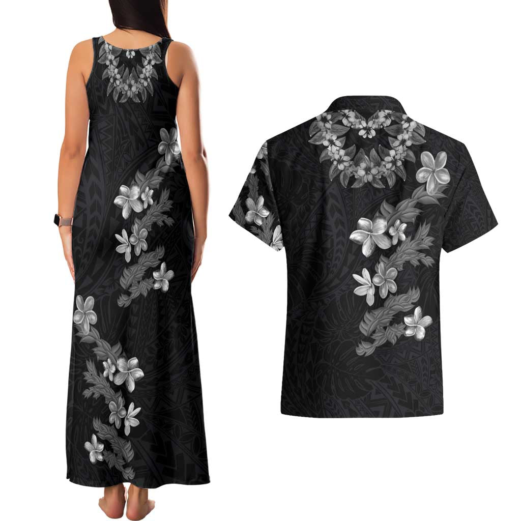 Hawaiian Lei Plumeria and Tropical Leaves Couples Matching Tank Maxi Dress and Hawaiian Shirt Watercolor Style-Grayscale