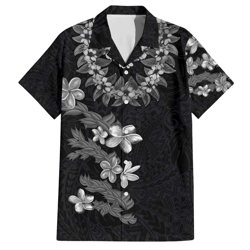 Hawaiian Lei Plumeria and Tropical Leaves Family Matching Long Sleeve Bodycon Dress and Hawaiian Shirt Watercolor Style-Grayscale