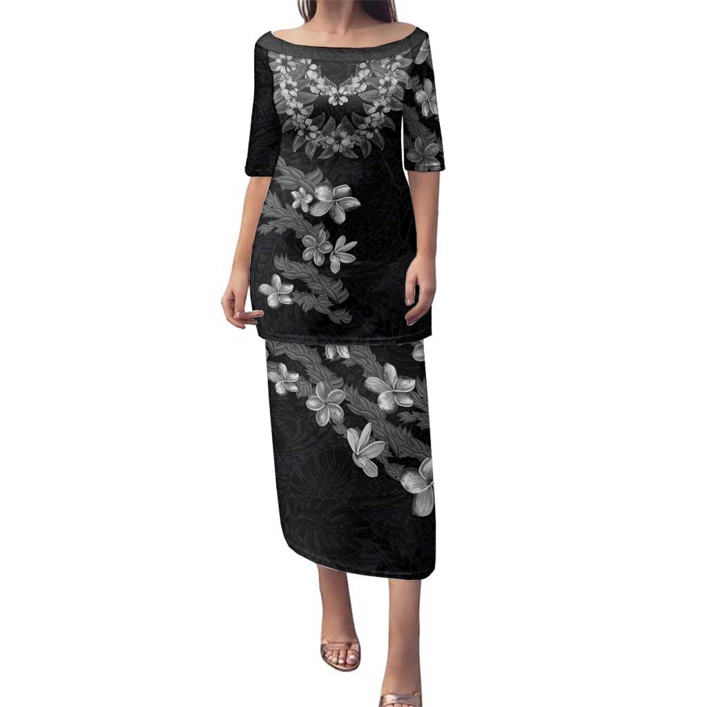 Hawaiian Lei Plumeria and Tropical Leaves Family Matching Puletasi and Hawaiian Shirt Watercolor Style-Grayscale