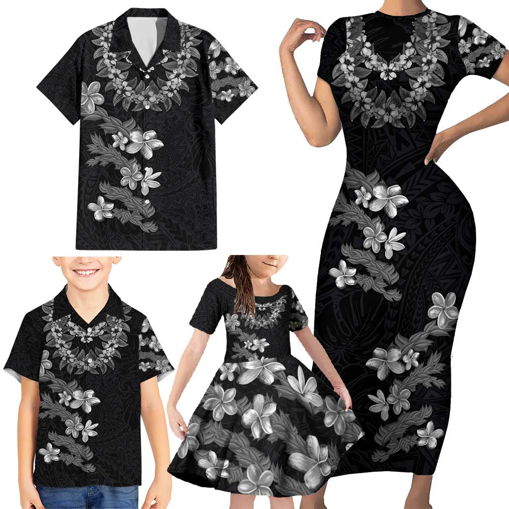 Hawaiian Lei Plumeria and Tropical Leaves Family Matching Short Sleeve Bodycon Dress and Hawaiian Shirt Watercolor Style-Grayscale