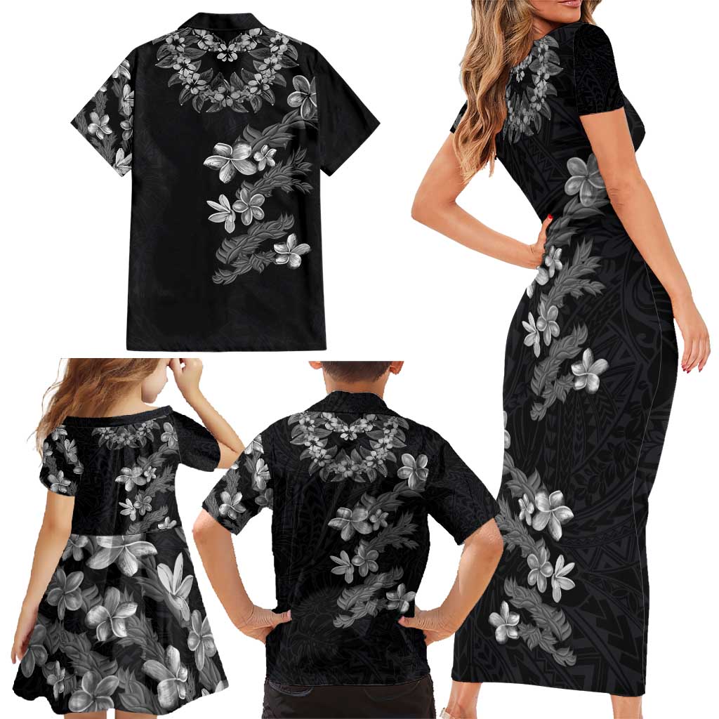 Hawaiian Lei Plumeria and Tropical Leaves Family Matching Short Sleeve Bodycon Dress and Hawaiian Shirt Watercolor Style-Grayscale