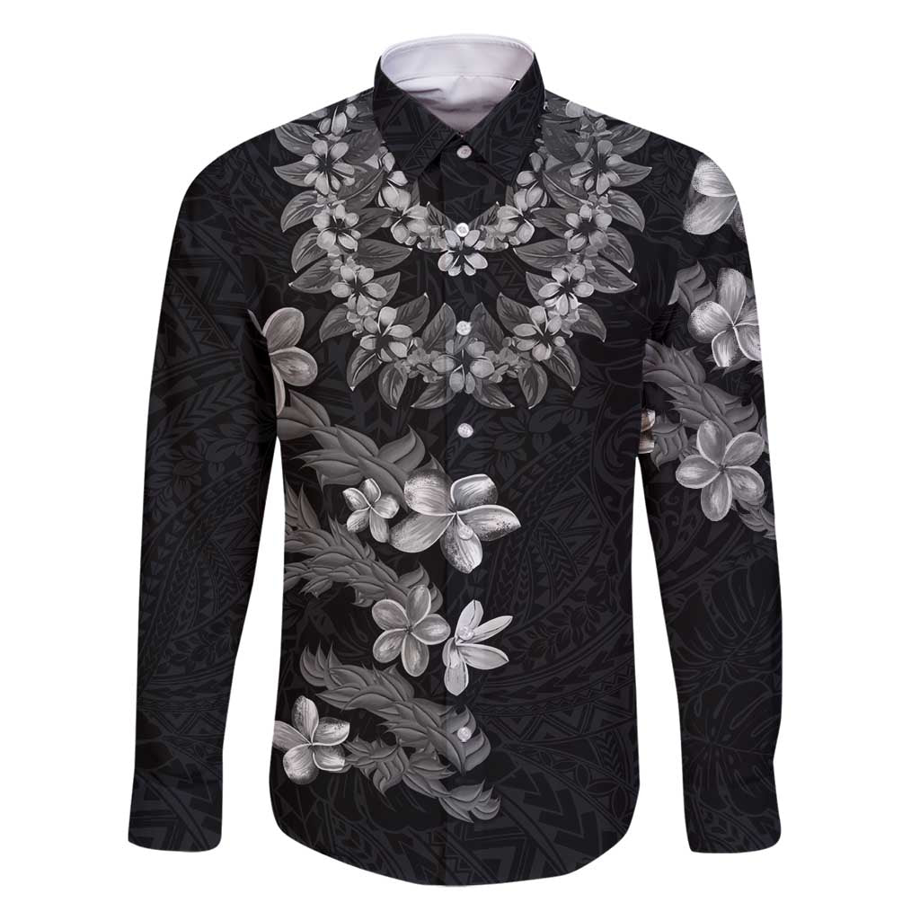 Hawaiian Lei Plumeria and Tropical Leaves Family Matching Summer Maxi Dress and Hawaiian Shirt Watercolor Style-Grayscale LT03 Dad's Shirt - Long Sleeve Black - Polynesian Pride