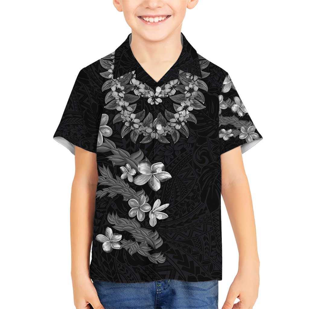 Hawaiian Lei Plumeria and Tropical Leaves Family Matching Summer Maxi Dress and Hawaiian Shirt Watercolor Style-Grayscale LT03 Son's Shirt Black - Polynesian Pride