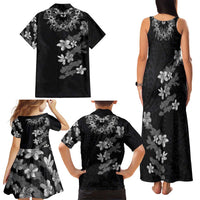 Hawaiian Lei Plumeria and Tropical Leaves Family Matching Tank Maxi Dress and Hawaiian Shirt Watercolor Style-Grayscale