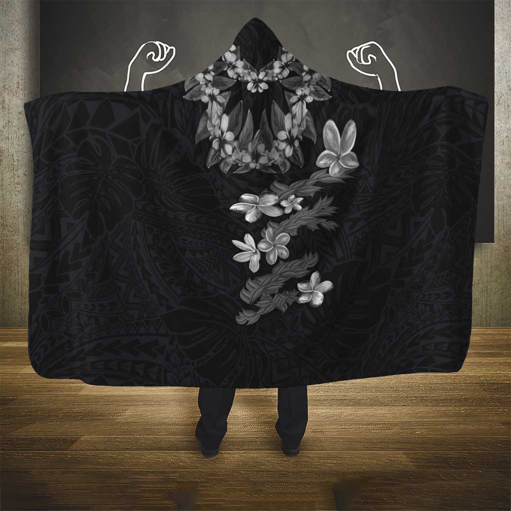 Hawaiian Lei Plumeria and Tropical Leaves Hooded Blanket Watercolor Style-Grayscale