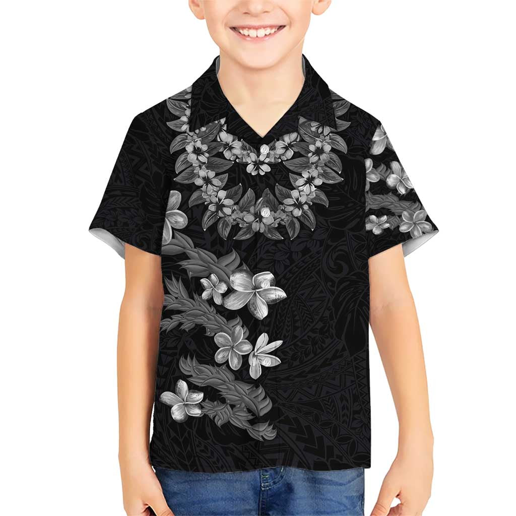 Hawaiian Lei Plumeria and Tropical Leaves Kid Hawaiian Shirt Watercolor Style-Grayscale LT03 Kid Black - Polynesian Pride