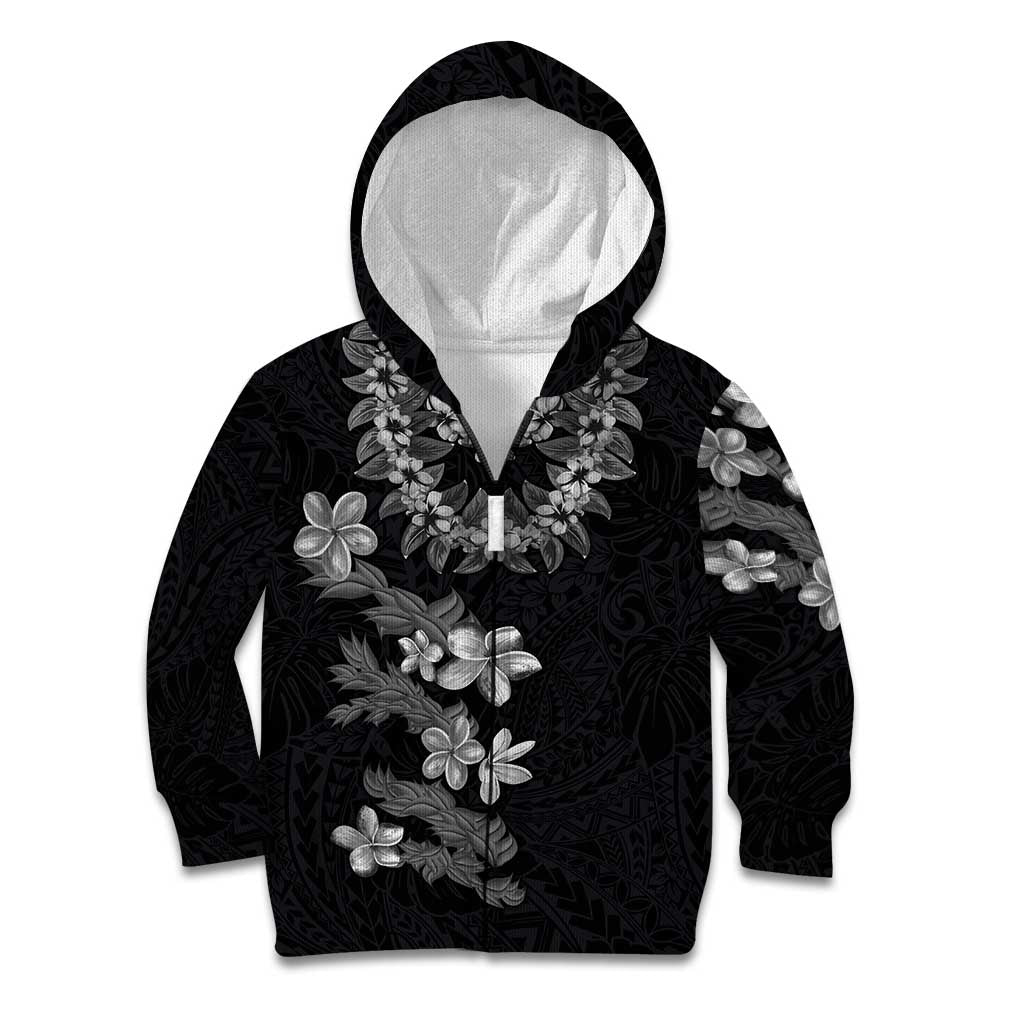 Hawaiian Lei Plumeria and Tropical Leaves Kid Hoodie Watercolor Style-Grayscale