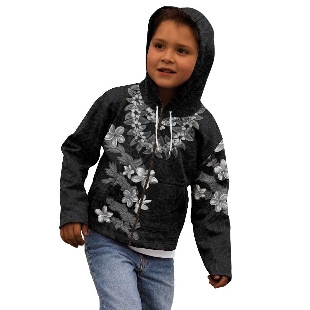 Hawaiian Lei Plumeria and Tropical Leaves Kid Hoodie Watercolor Style-Grayscale