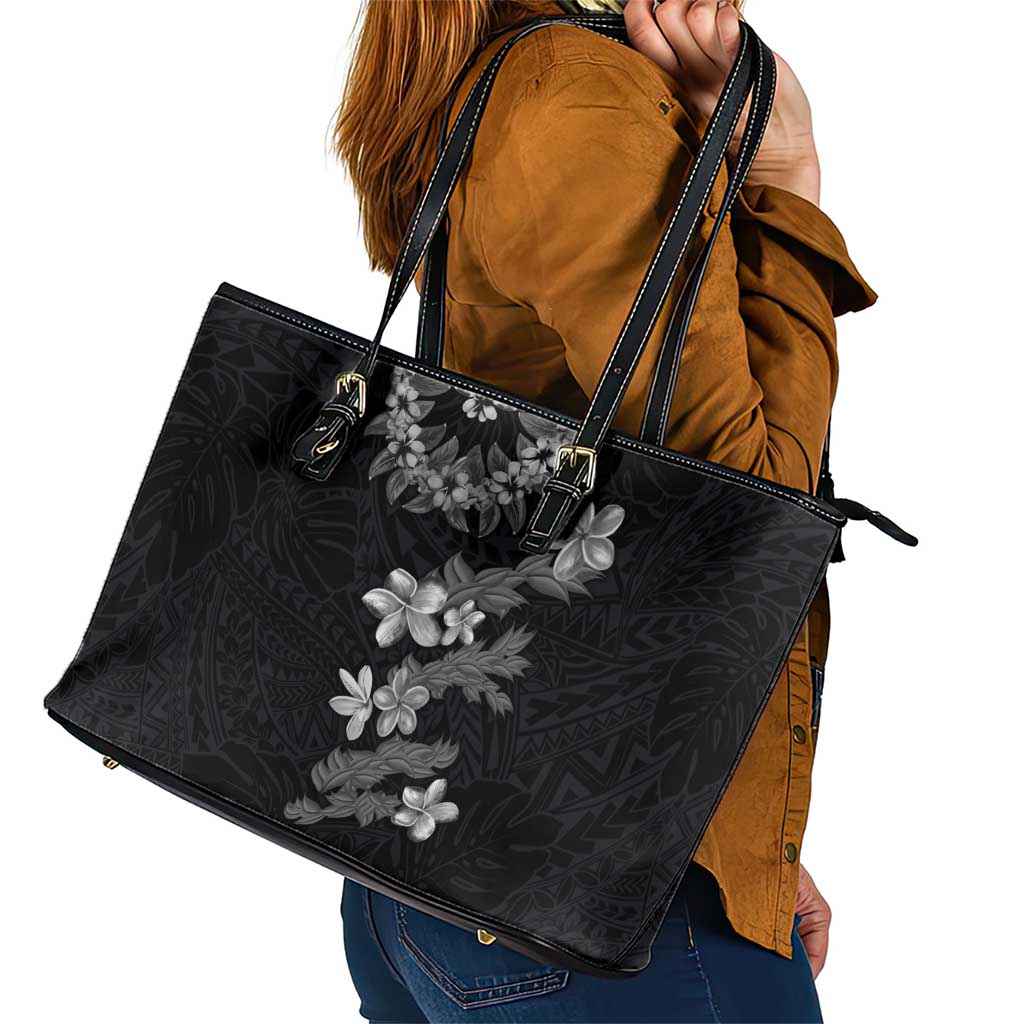 Hawaiian Lei Plumeria and Tropical Leaves Leather Tote Bag Watercolor Style-Grayscale