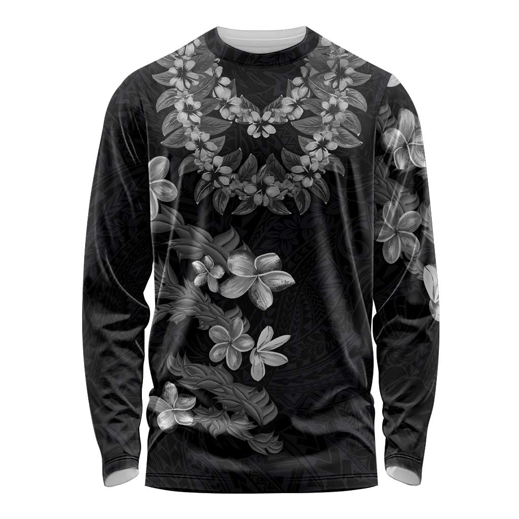 Hawaiian Lei Plumeria and Tropical Leaves Long Sleeve Shirt Watercolor Style-Grayscale