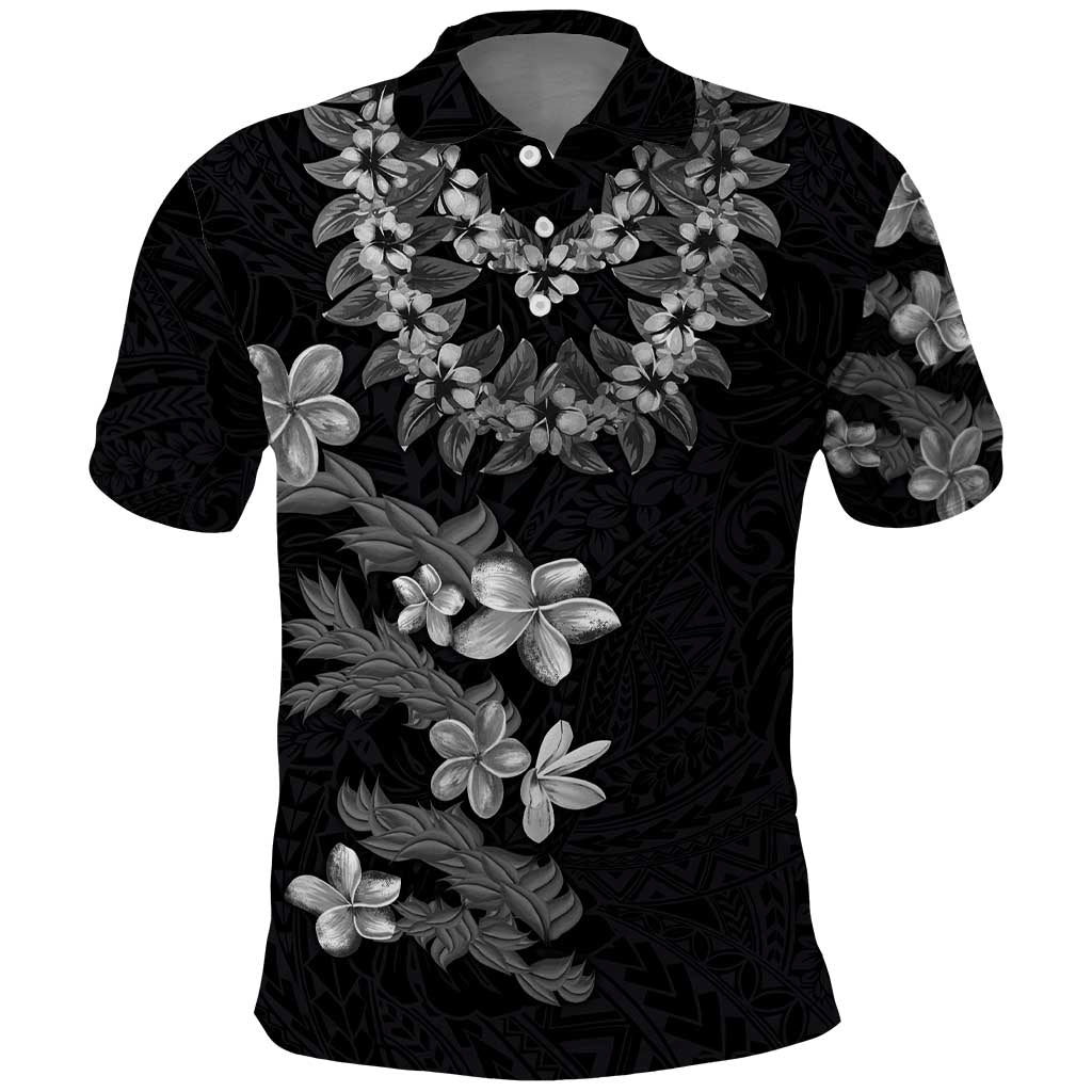 Hawaiian Lei Plumeria and Tropical Leaves Polo Shirt Watercolor Style-Grayscale